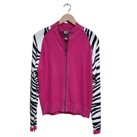 Berek By Takako Sakon Women's Sweater Pink Zebra Sequin Sleeves Size XL - Picture 1 of 8